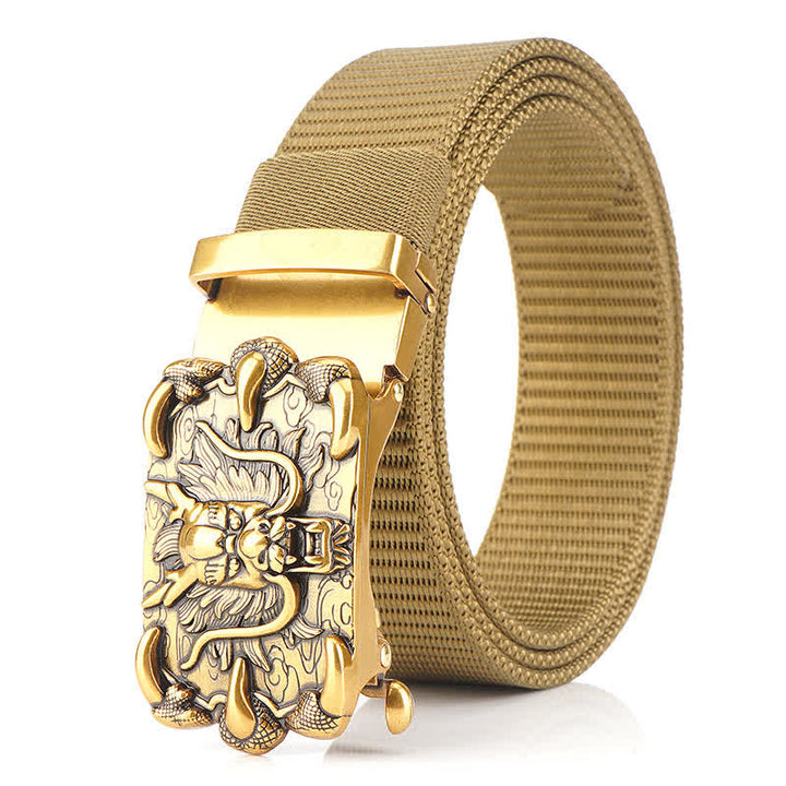 Men's Casual Dragon Decor Nylon Belt - Khaki / Gold - 48" - image 18