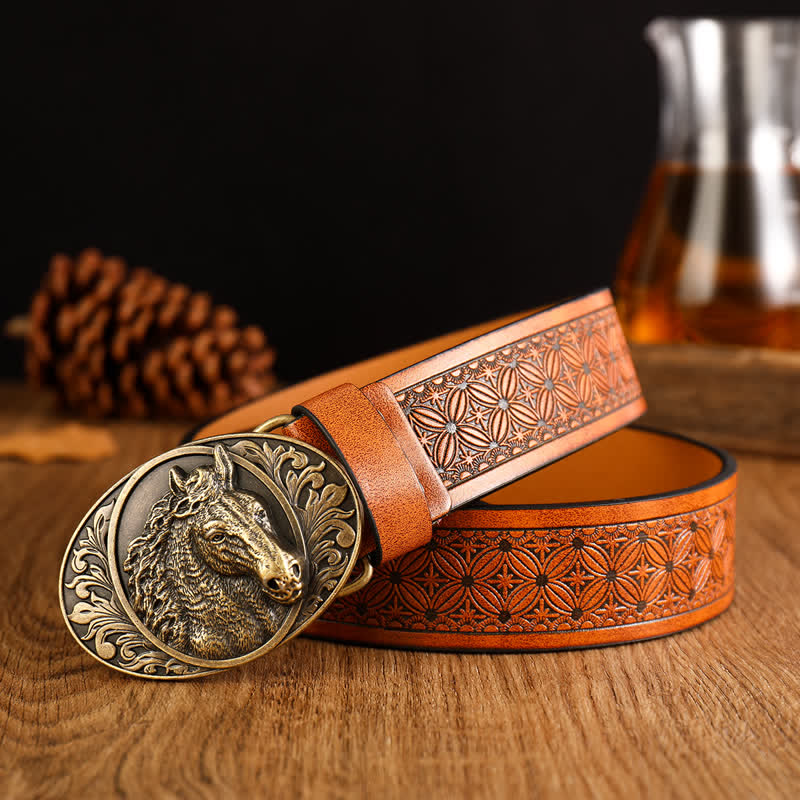 Men's Engraved Horse Floral Print Leather Belt - Horse - 42 - image 0