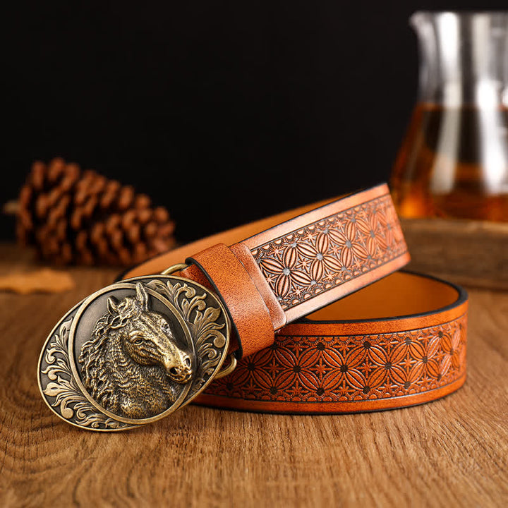 Men's Engraved Horse Floral Print Leather Belt - Horse - 42 - image 0