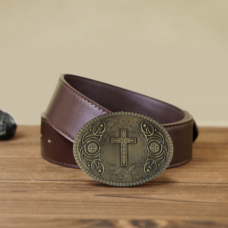 Men's DIY Carved Cross Flower Buckle Leather Belt - Cross - Brown PU Belt (40) - image 6