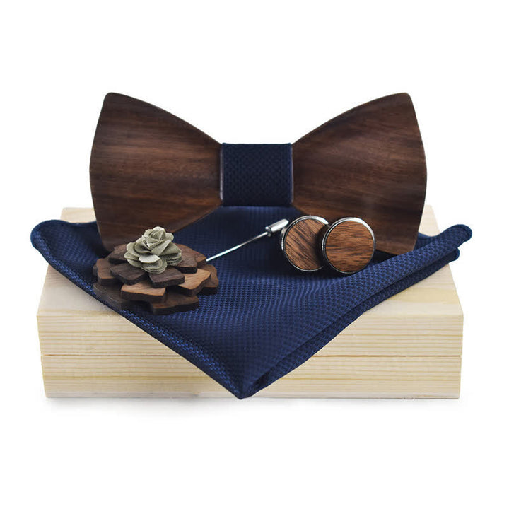 4Pcs Men's Vintage Black Wooden Bow Tie Set - Navy #3 - image 8