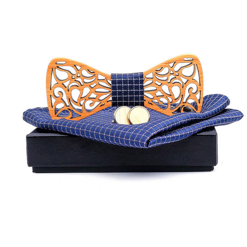 3Pcs Men's Vintage Hollow Wooden Bow Tie Set - Navy Grid - image 0