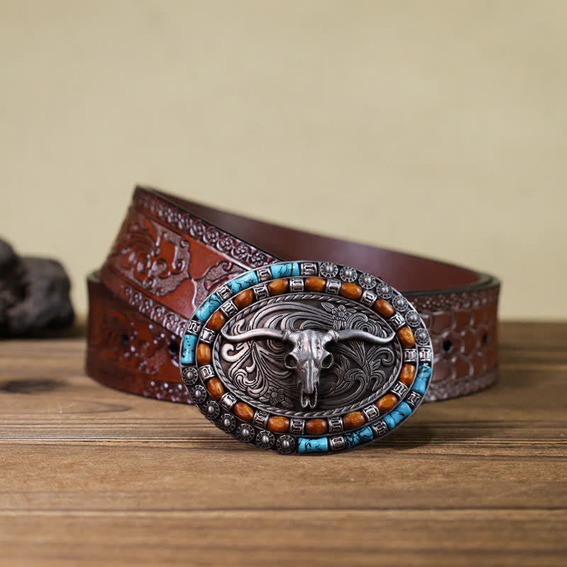 Men's DIY Turquoise Wood Bead Bull Buckle Leather Belt - Silver - Brown Carved Belt (40) - image 15