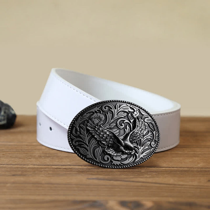 Men's DIY Animal Flying Eagle Buckle Leather Belt - Antique Silver - White PU Belt (40) - image 8