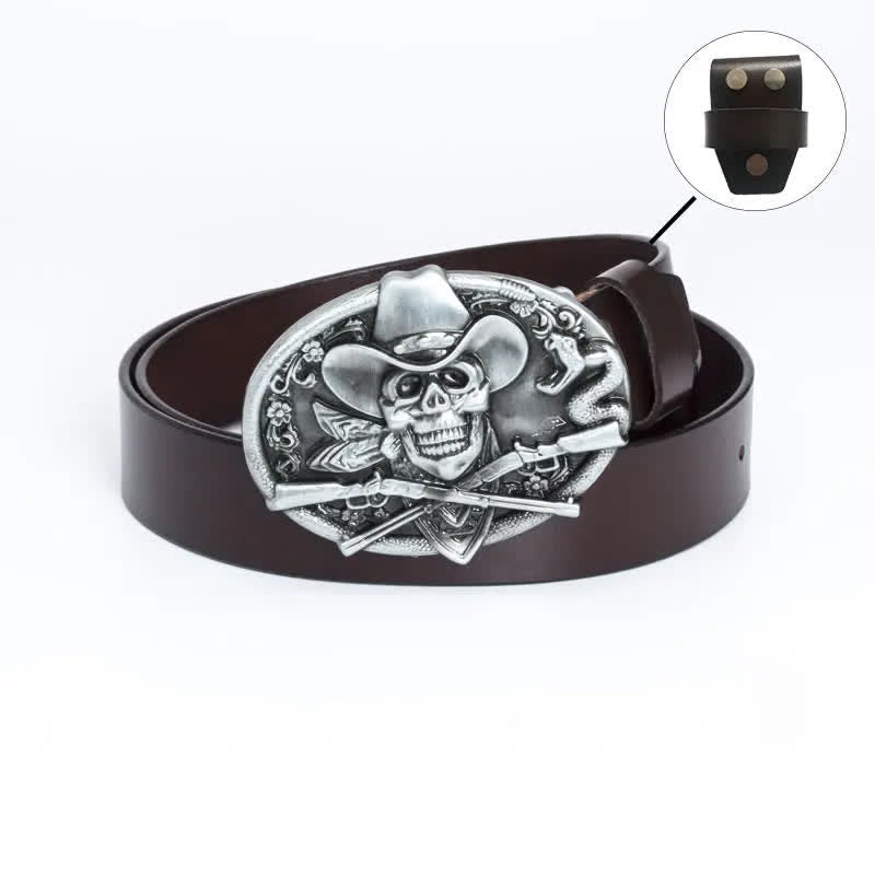 Men's Pirate Skull Cross Guns Leather Belt - Leather Linker - Brown / Silver - 46 - image 14