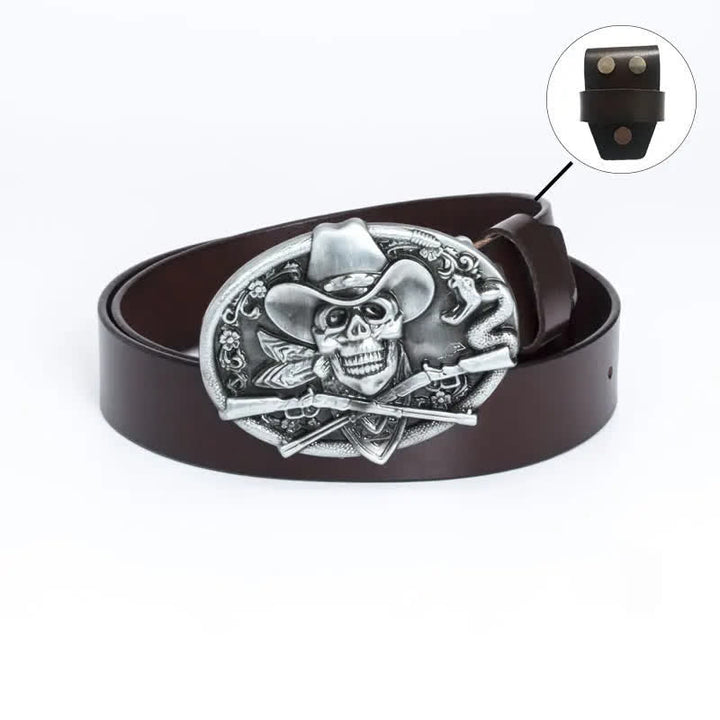 Men's Pirate Skull Cross Guns Leather Belt - Leather Linker - Brown / Silver - 46 - image 14