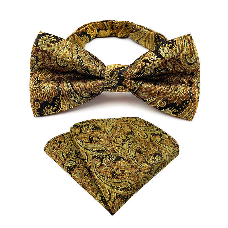 2Pcs Men's Flowery Paisley Bow Tie Pocket Square Set - Gold - image 0