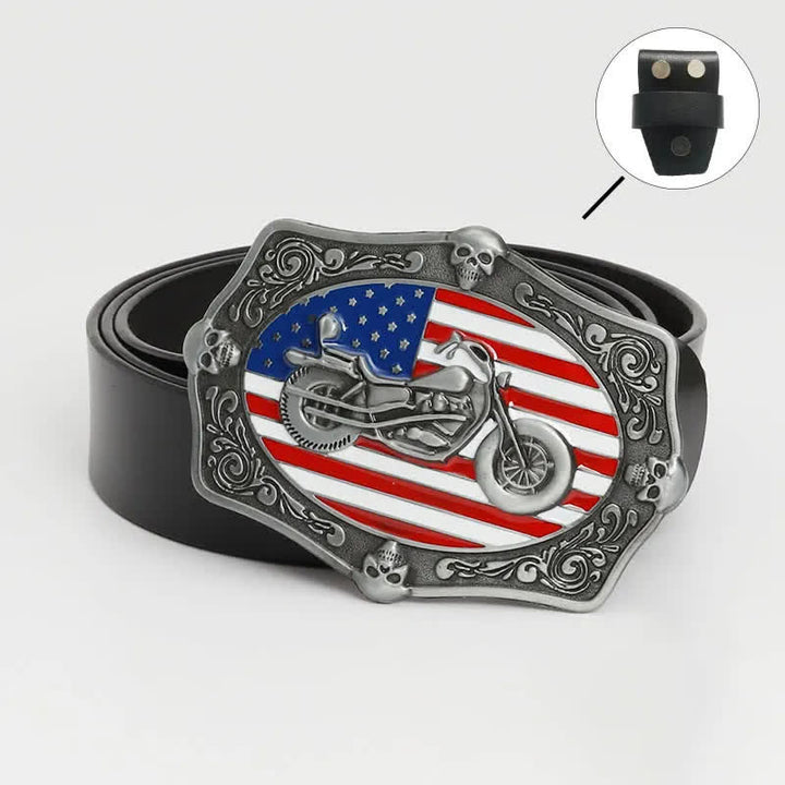 Men's Motorcycle American Flag Skull Leather Belt - Leather Linker - Black - 46 - image 2