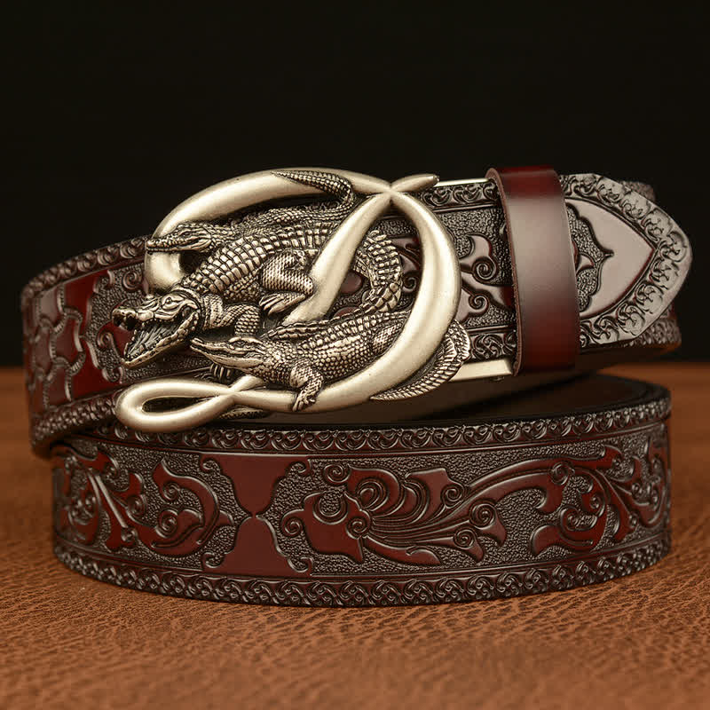 Men's Crocodile Buckle Embossing Leather Belt - Silver & Brown - 46 - image 13