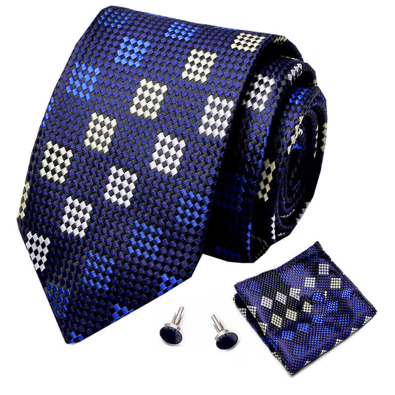 3Pcs Men's Navy & Yellow Checkerboard Necktie Set - image 1