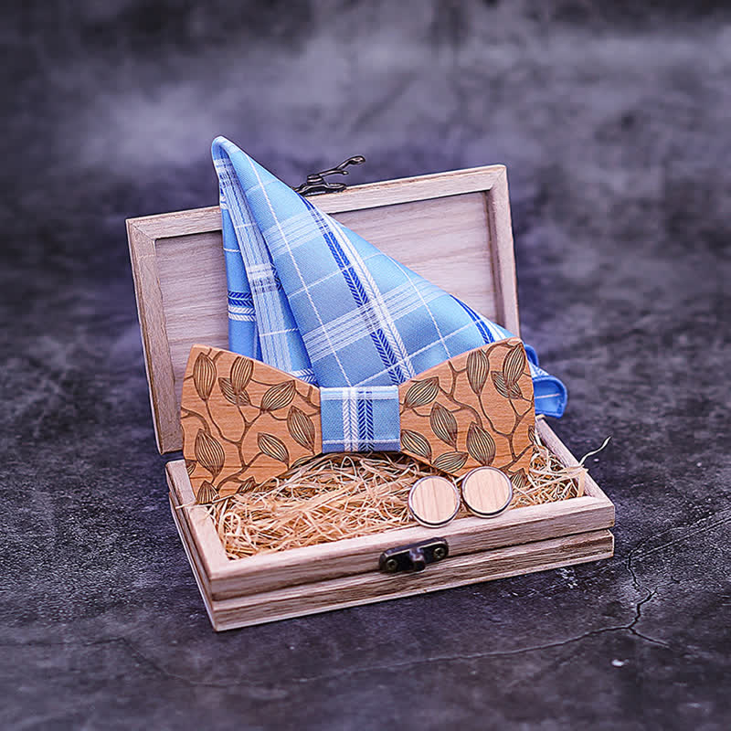 3Pcs Men's Leaf Patterned Wooden Bow Tie Set - image 1
