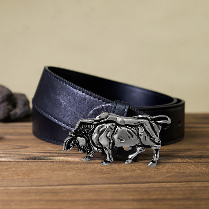Men's DIY Authentic Silver Bull Buckle Leather Belt - Bull - Black PU Belt (40) - image 4