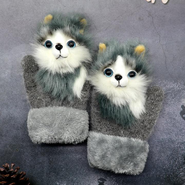 Women's Cute Animal Furry Mittens Gloves - Gray Wolf - image 4