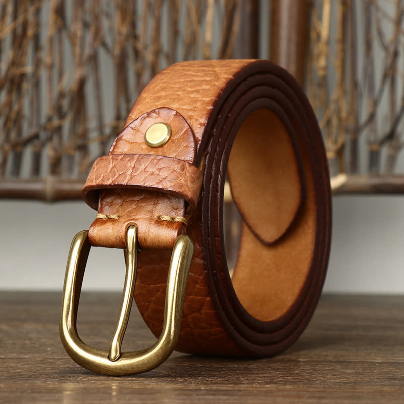 Men's Embossed Bison Skin Pattern Leather Belt - Yellowish Brown - 46 - image 8