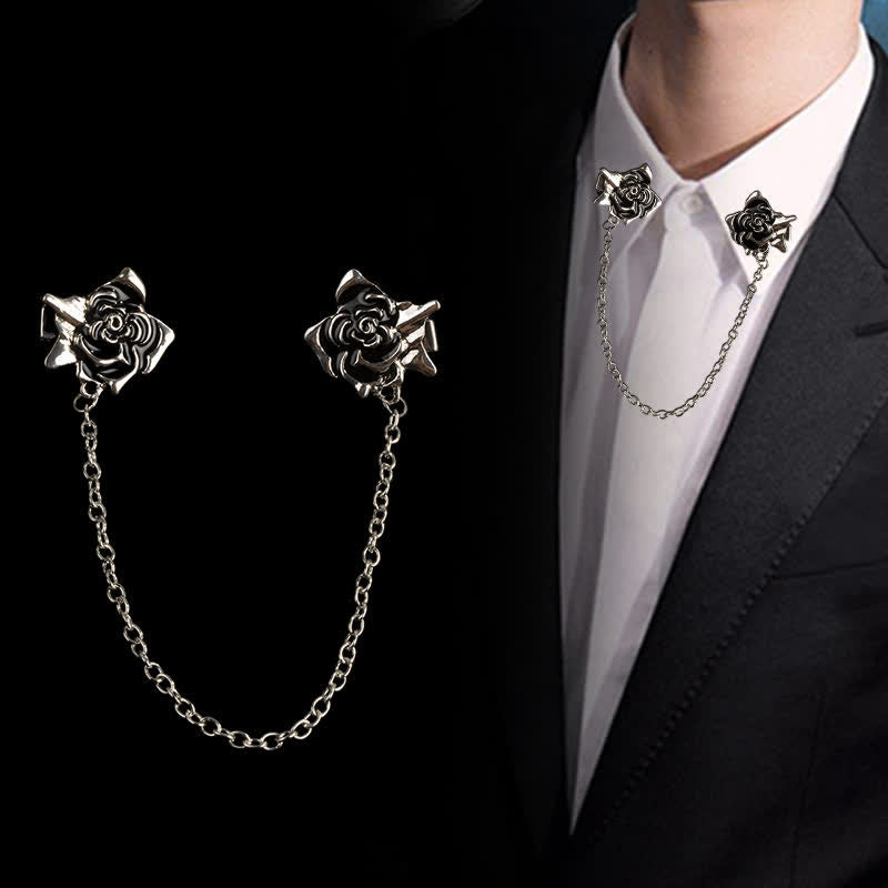 Men's Antiqued Rose Chain Brooch Collar Clip - Silver - image 0