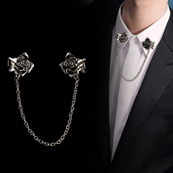 Men's Antiqued Rose Chain Brooch Collar Clip - Silver - image 0