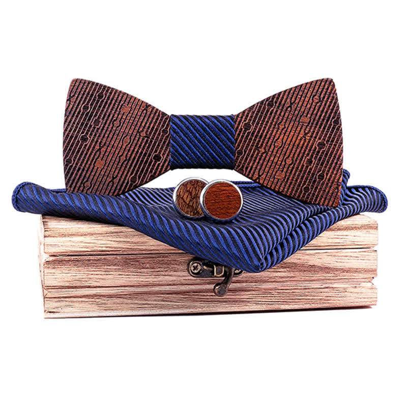 3Pcs Men's Hollow Leaves-shaped Wooden Bow Tie Set - Navy Twill - image 7