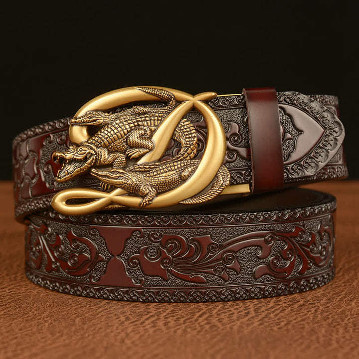 Men's Crocodile Buckle Embossing Leather Belt - Gold & Brown - 46 - image 0