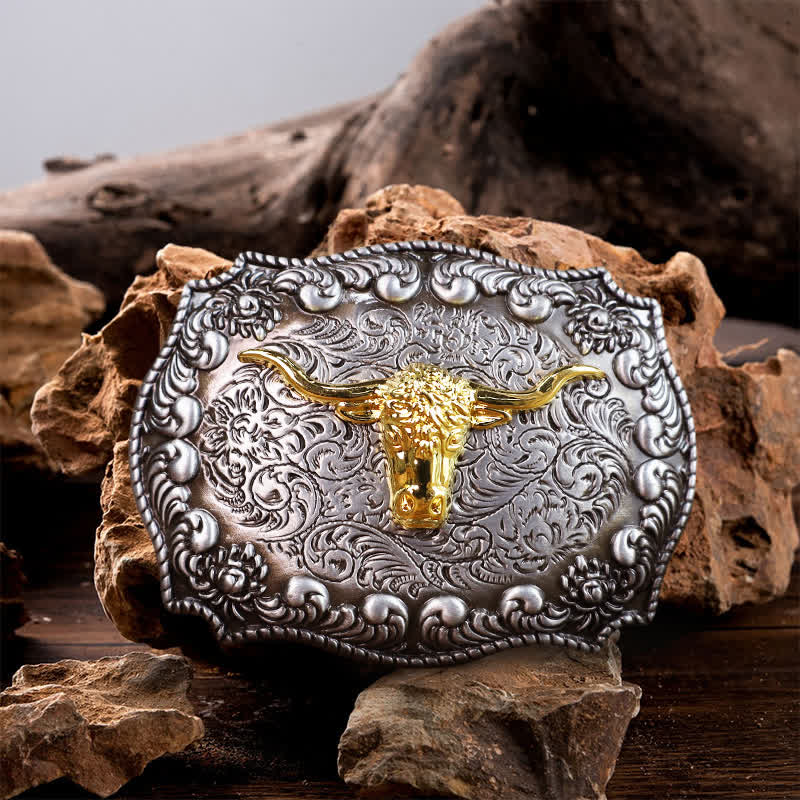Men's DIY Longhorn Bull Antiqued Silver Buckle Leather Belt - Gold - Without Belt - image 0