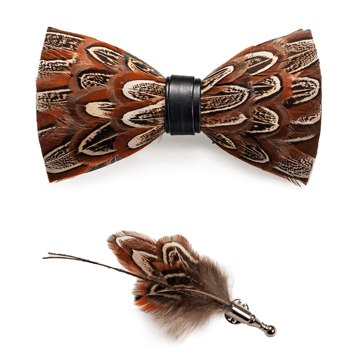 Kid's Brown Pheasant Feather Bow Tie with Lapel Pin - image 4