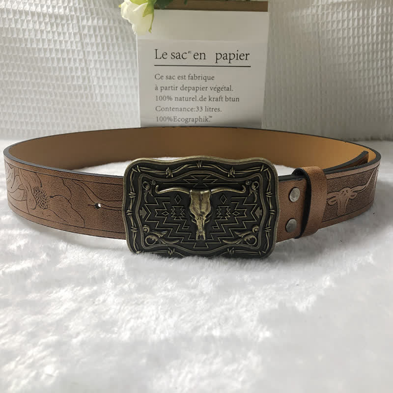 Men's Western Totem Bull Head Leather Belt - image 4