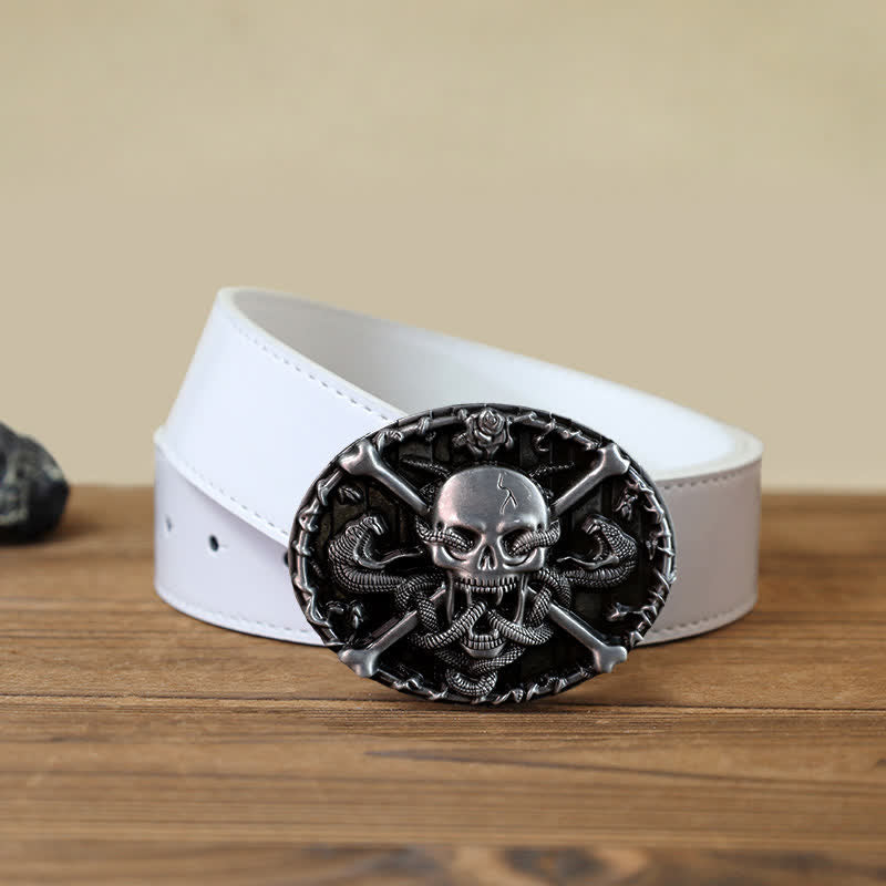 Men's DIY Gothic Cross Skull Snake Buckle Leather Belt - Skull - White PU Belt (40) - image 4