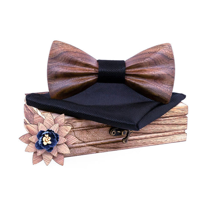 3Pcs Men's Hand Carved Crease Wooden Bow Tie Set - Walnut - Black - image 8