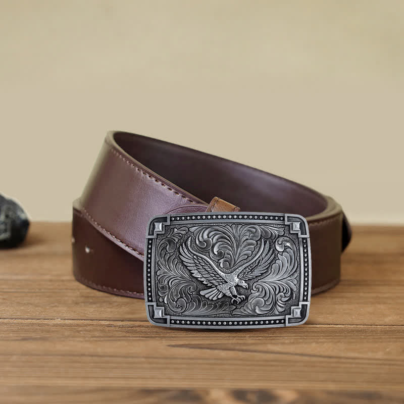 Men's DIY Soaring Eagle In Dreamy Sky Buckle Leather Belt - Antique Silver - Brown PU Belt (40) - image 12