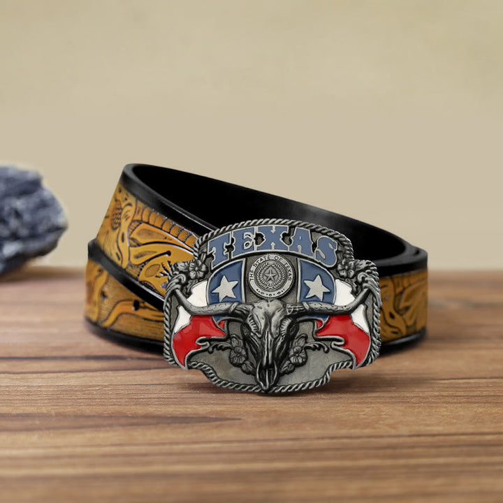 Men's DIY Texas Flag Longhorn Bull Buckle Leather Belt - Bull - SandyBrown Belt (40) - image 12