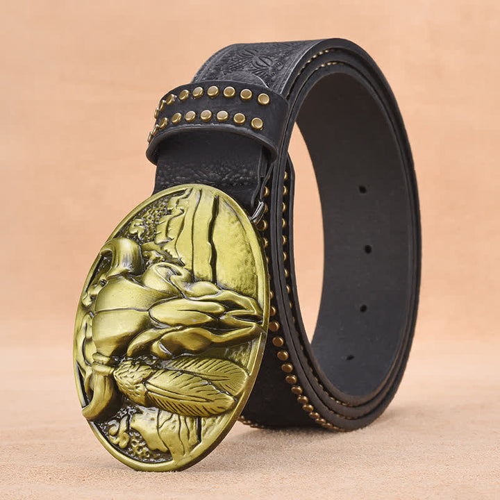 Men's Bull Head Buckle Rivet Decor Leather Belt - Black - 44 - image 4