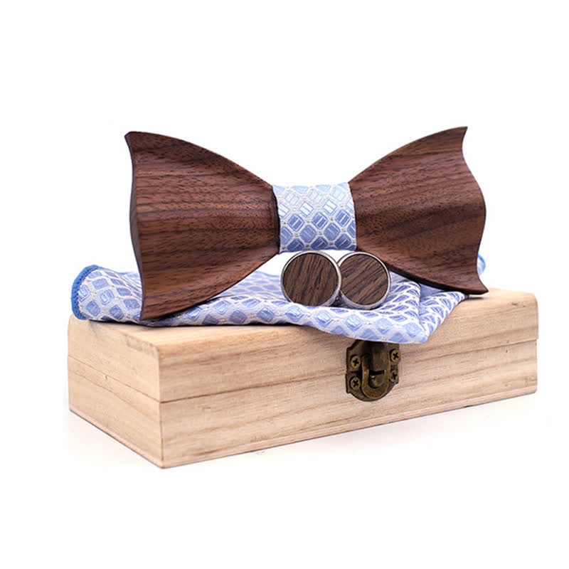 3Pcs Men's 3D Black Walnut Wooden Bow Tie Set - SkyBlue - image 8