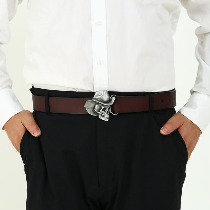 Men's DIY Creative Skull Head With Hat Buckle Leather Belt - image 2