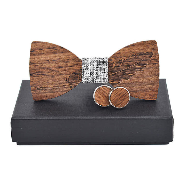 2Pcs Men's Feather Engraving Wooden Bow Tie Set - White & Black Weave - image 13