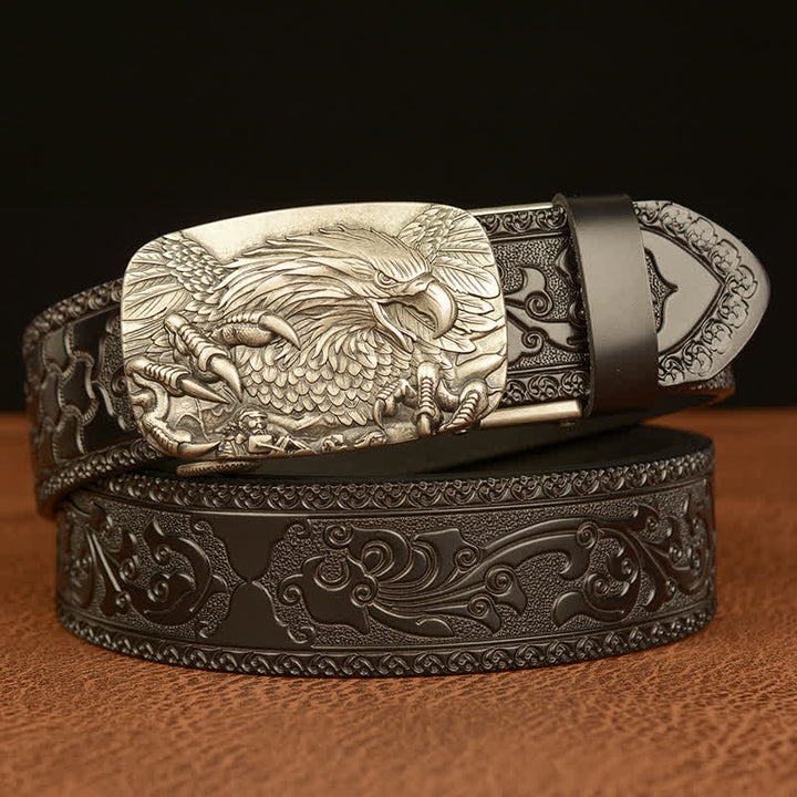 Men's Eagle Buckle Genuine Leather Embossing Belt - Silver & Black - 46 - image 14