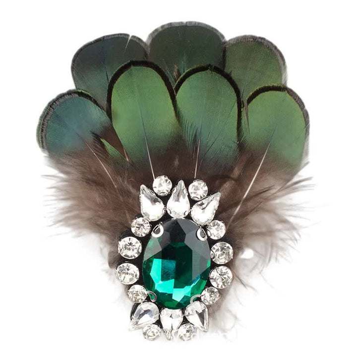 Women's Dark Green Crystal Feather Brooch - image 3