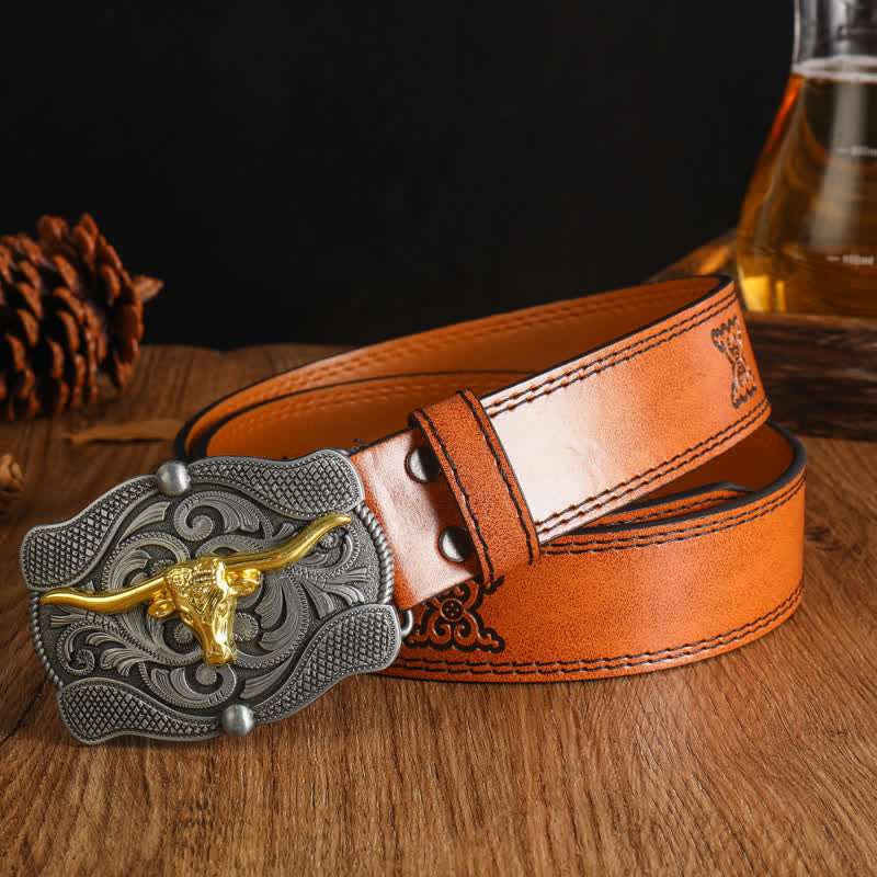 Men's Square Golden Longhorn Bull Leather Belt - Style #2 - 42 - image 3