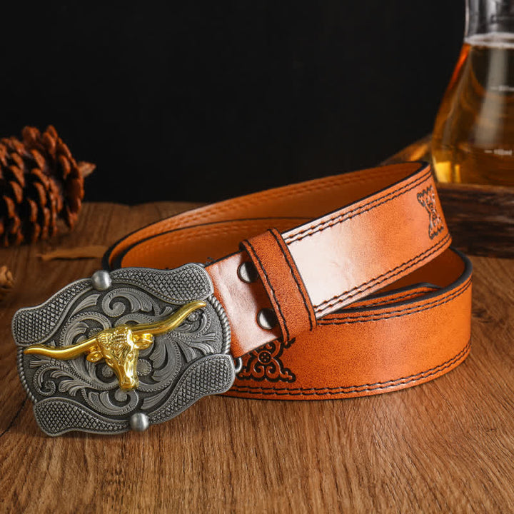 Men's Square Golden Longhorn Bull Leather Belt - Style #2 - 42 - image 3