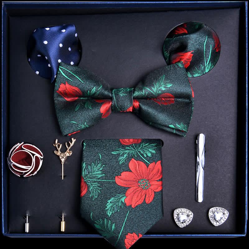 8Pcs ForestGreen&Red Leaves Flower Vogue Necktie Bow Ties Gift Box - ForestGreen&Red - image 0