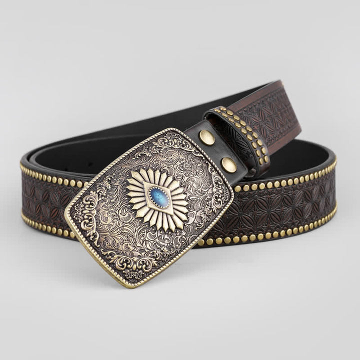 Men's Retro Flower Engraved Leather Belt - Flower - 42 - image 0