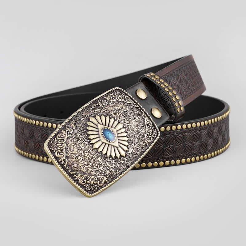 Men's Retro Flower Engraved Leather Belt - Flower - 42 - image 0