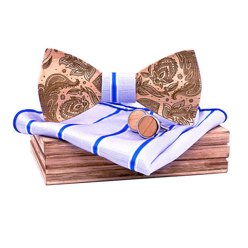 3Pcs Men's Carving Paisley Wooden Bow Tie Set - White & Blue Stripes - image 8