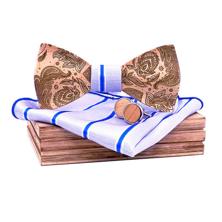3Pcs Men's Carving Paisley Wooden Bow Tie Set - White & Blue Stripes - image 8