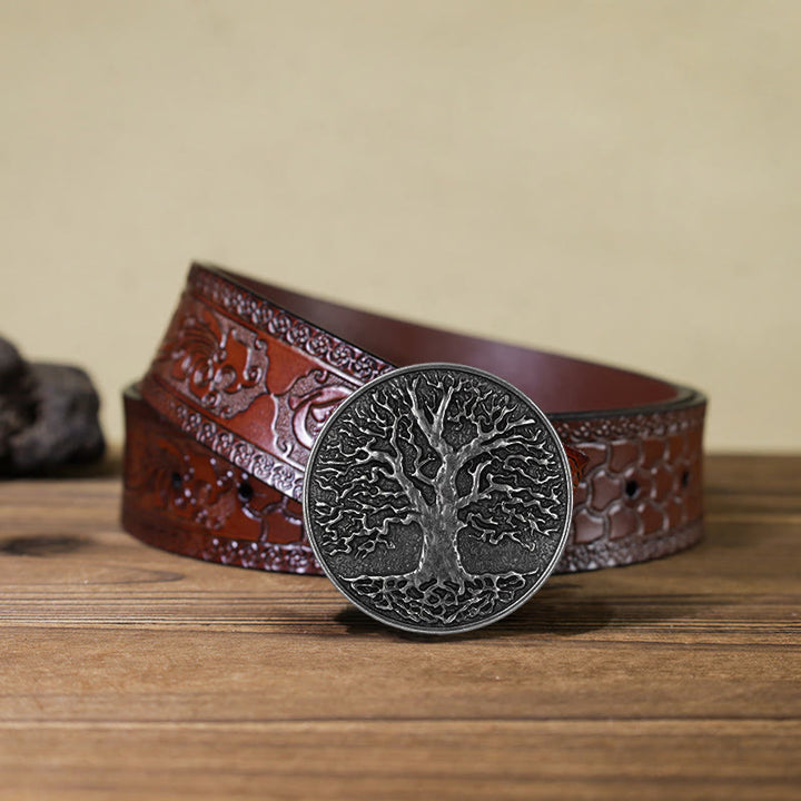 Men's DIY Tree of Life Round Buckle Leather Belt - Silver - Brown Carved Belt (40) - image 18