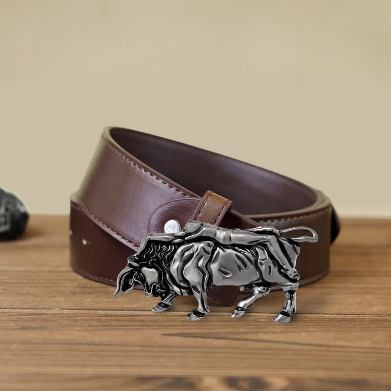 Men's DIY Authentic Silver Bull Buckle Leather Belt - Bull - Brown PU Belt (40) - image 8