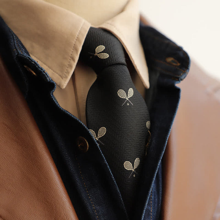 Men's Garden Motif Embroidery Zipper Necktie - Black Tennis Racket - image 2