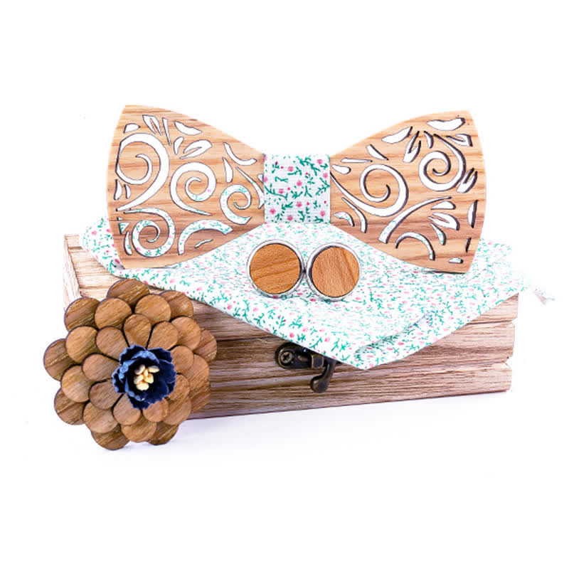 4Pcs Men's Hollow Leaf Design Wooden Bow Tie Set - White & Green Floral - image 12