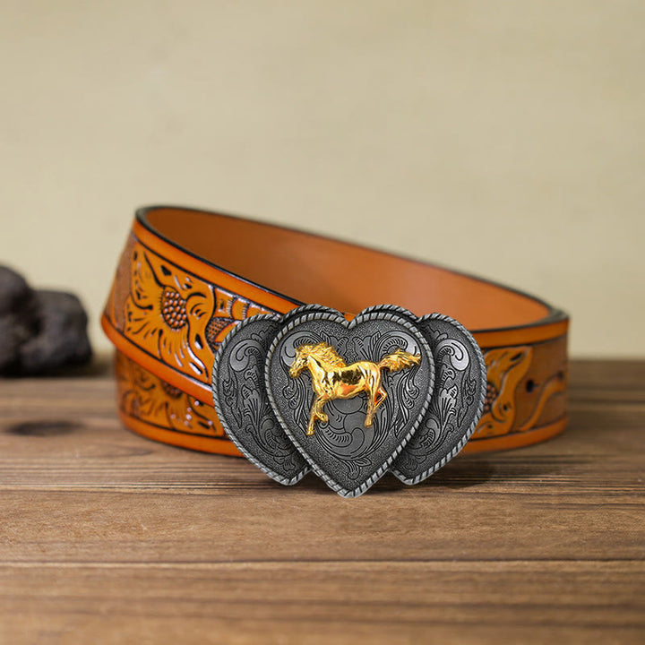 Men's DIY Horse Triple Heart Shaped Buckle Leather Belt - Horse - Orange Carved Belt (40) - image 13