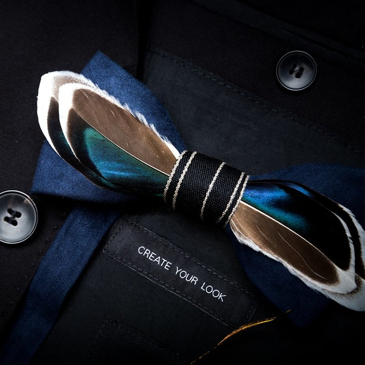 Navy Blue & Brown Vintage Feather Bow Tie with Lapel Pin - image 1