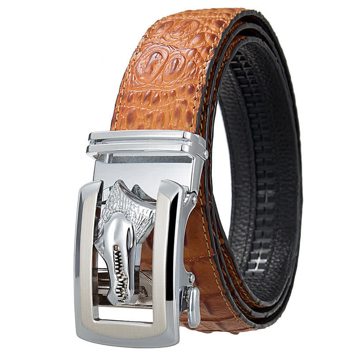 Men's Hollow Automatic Buckle Crocodile Print Leather Belt - Orange / Silver - 46 - image 10
