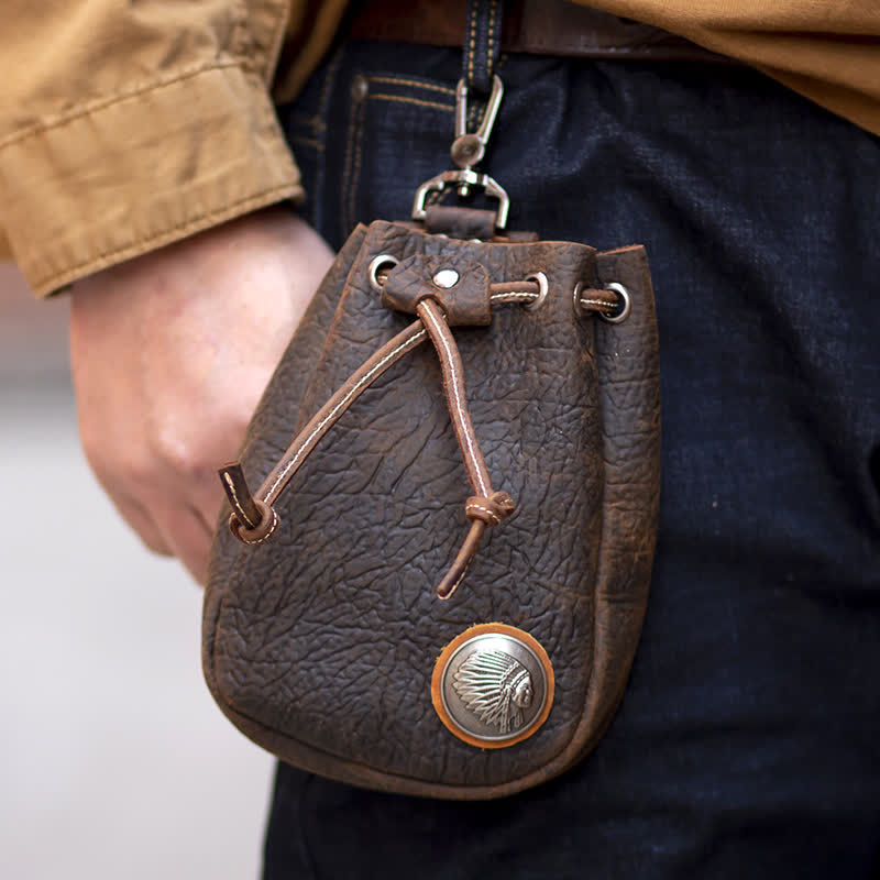 Small Wallet Coin Purse Drawstring Leather Belt Bag - Coffee - image 20